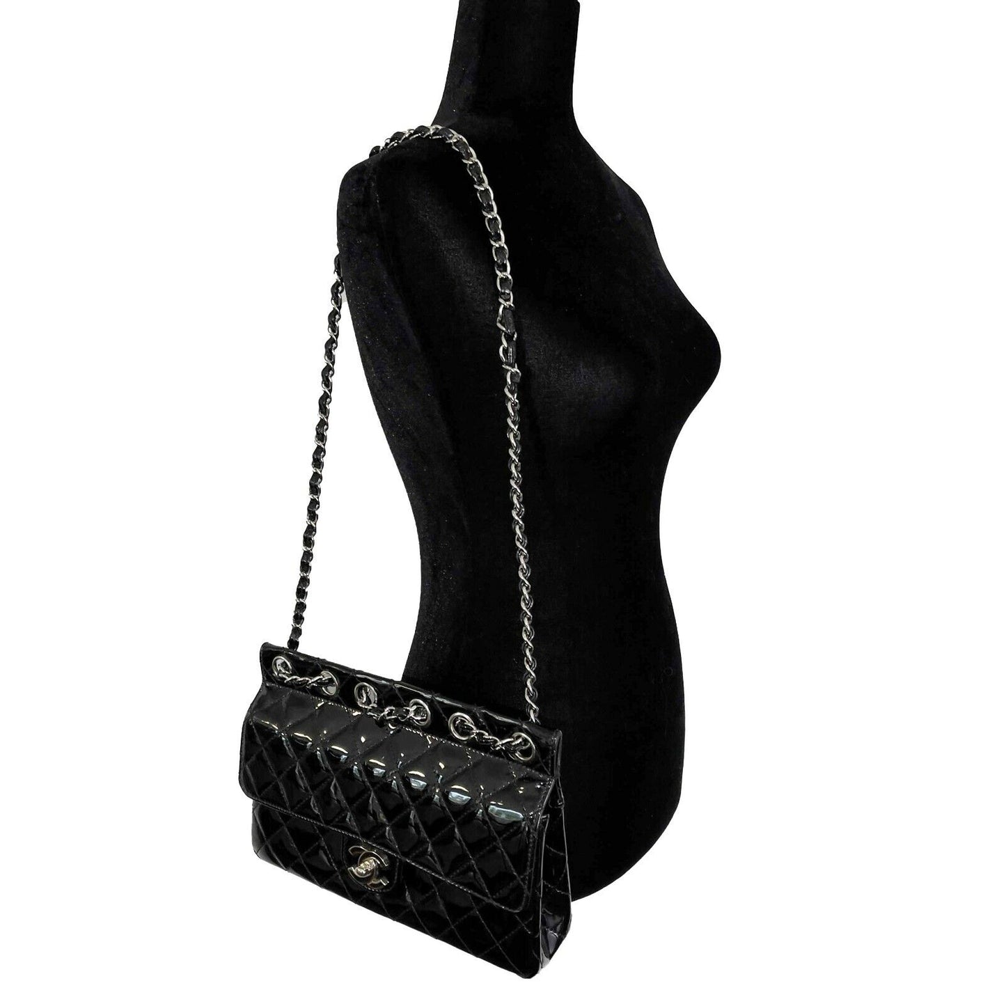 CHANEL 05 Patent Chain Through Flap Bag Quilted - Black / Silver-tone Crossbody