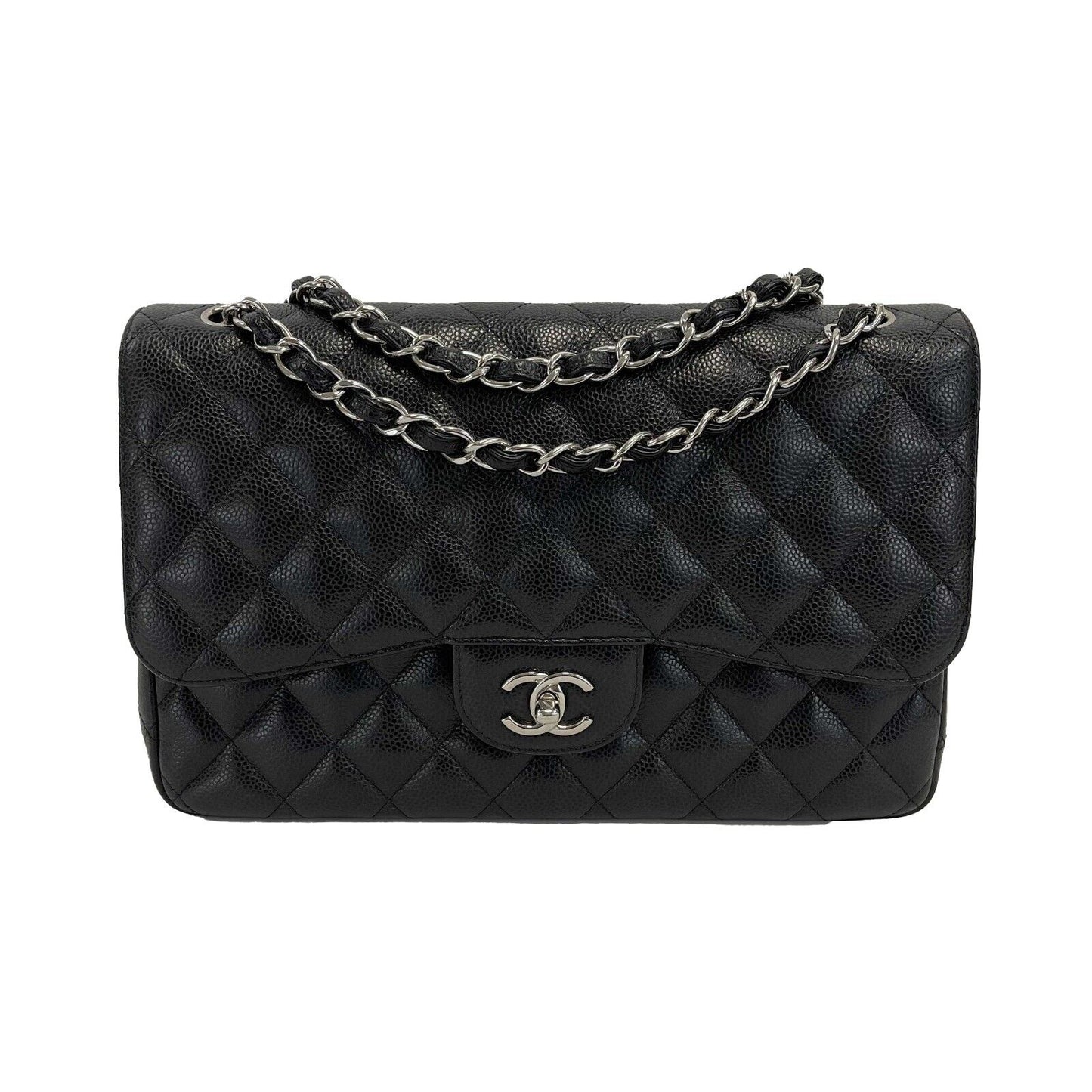 CHANEL CC Caviar Leather Jumbo Classic Double Flap Black / Silver Shoulder Bag