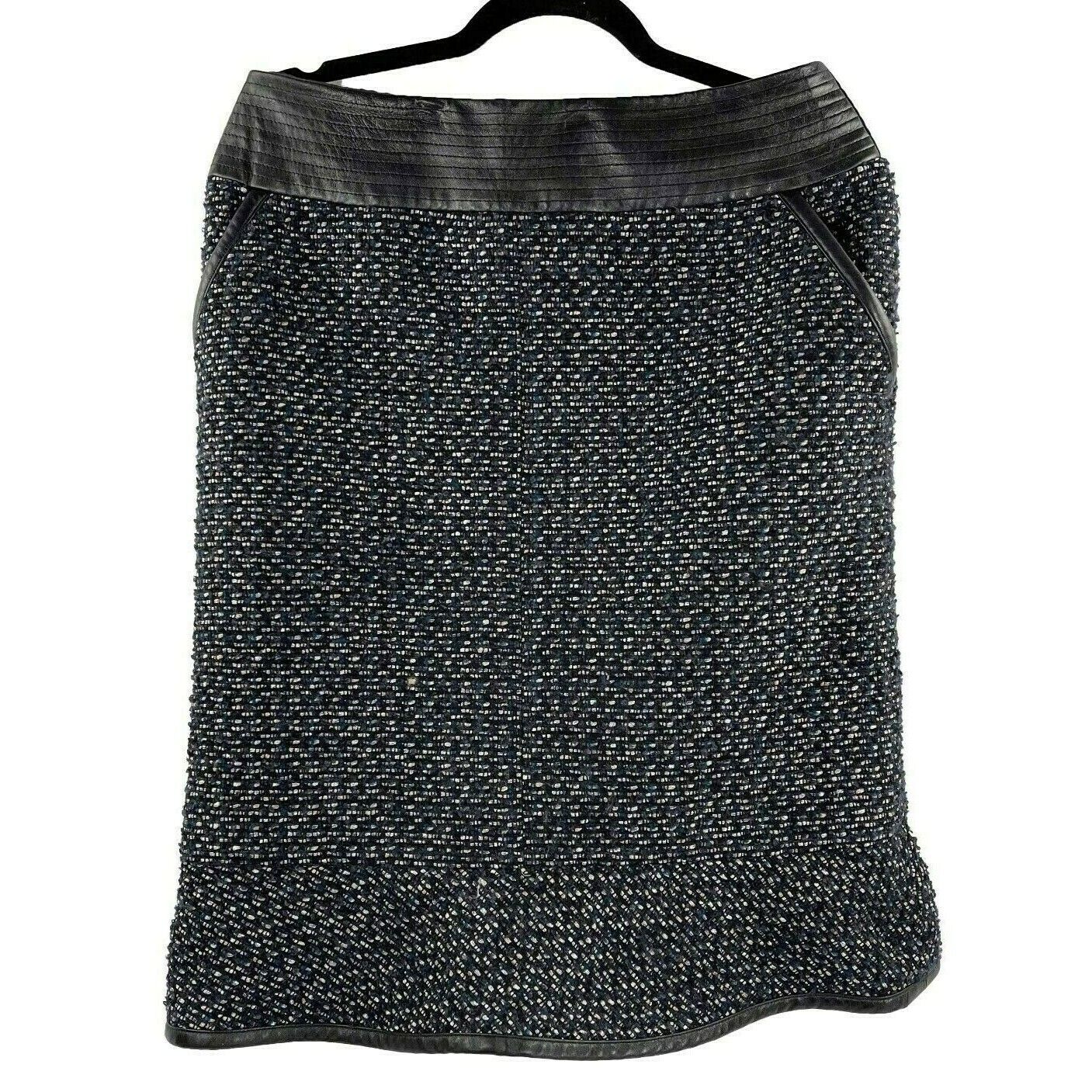 Chanel 02A Leather Trim Tweed Jacket/Skirt Suit Set - Navy Multi Metallic US L