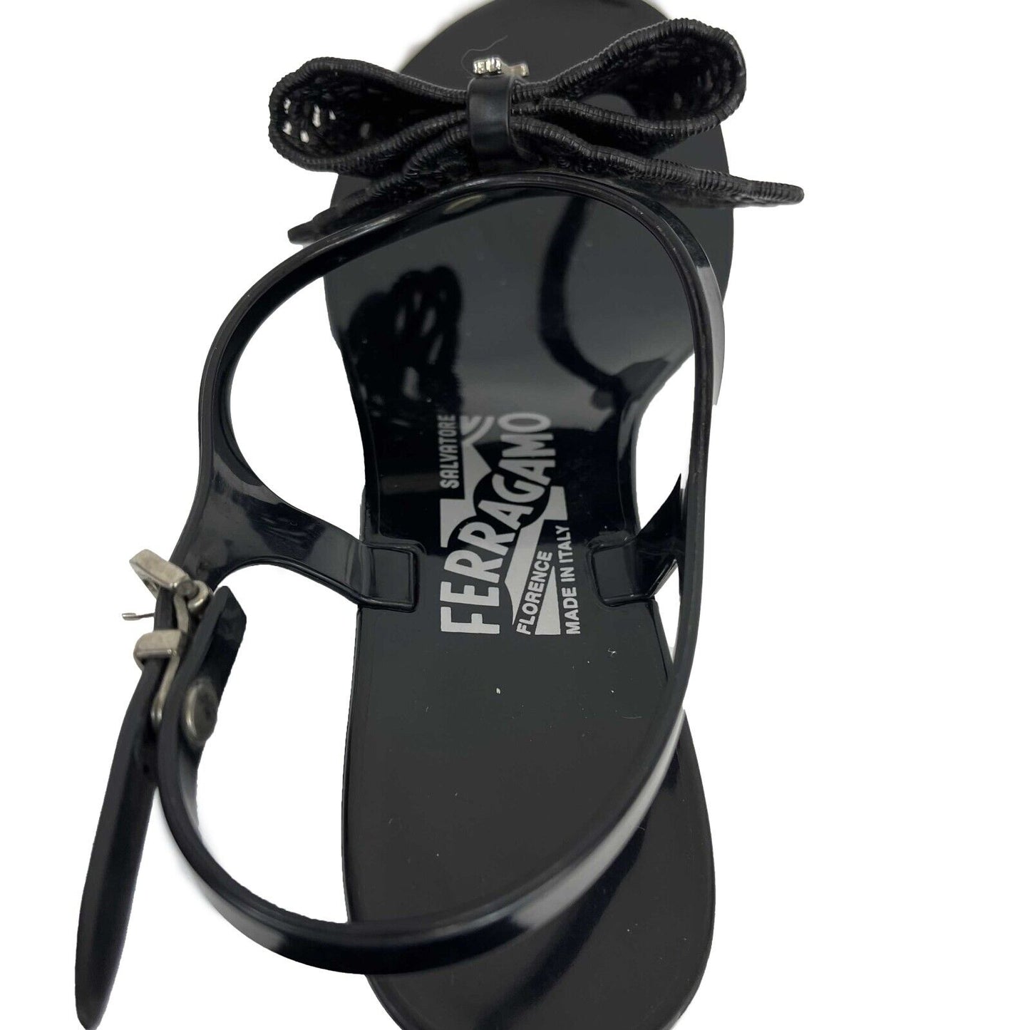 Salvatore Ferragamo - Rubber Strap Black Bow Block Heel Sandals - Size US 6