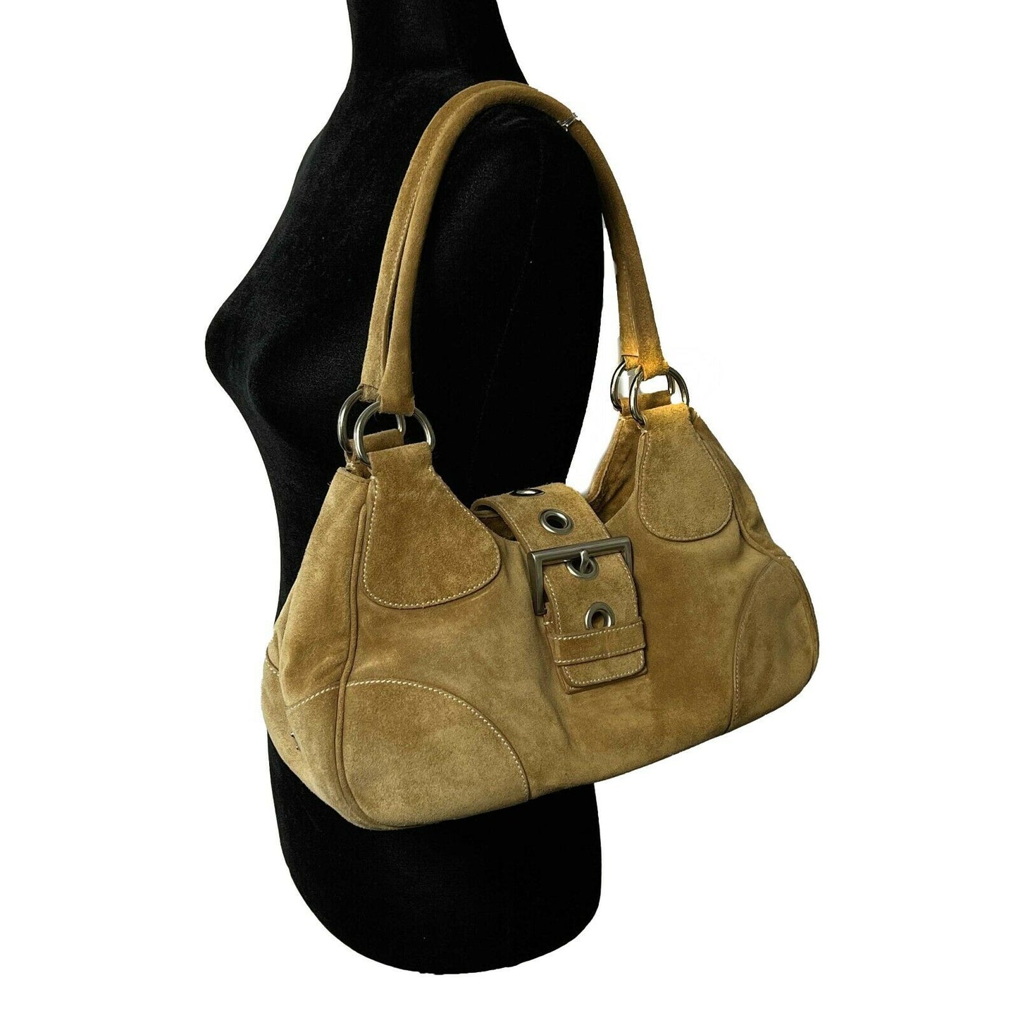 Prada - Large Camel / Silver Suede Belt Shoulder Bag / Buckle Closure