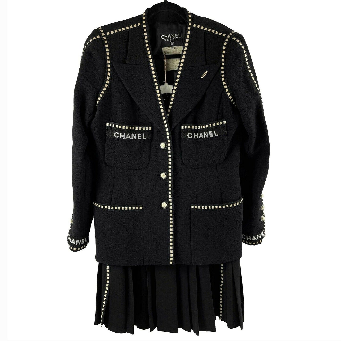 CHANEL Logo Suit Vintage Rare Camellia Button and Trim Skirt Jacket