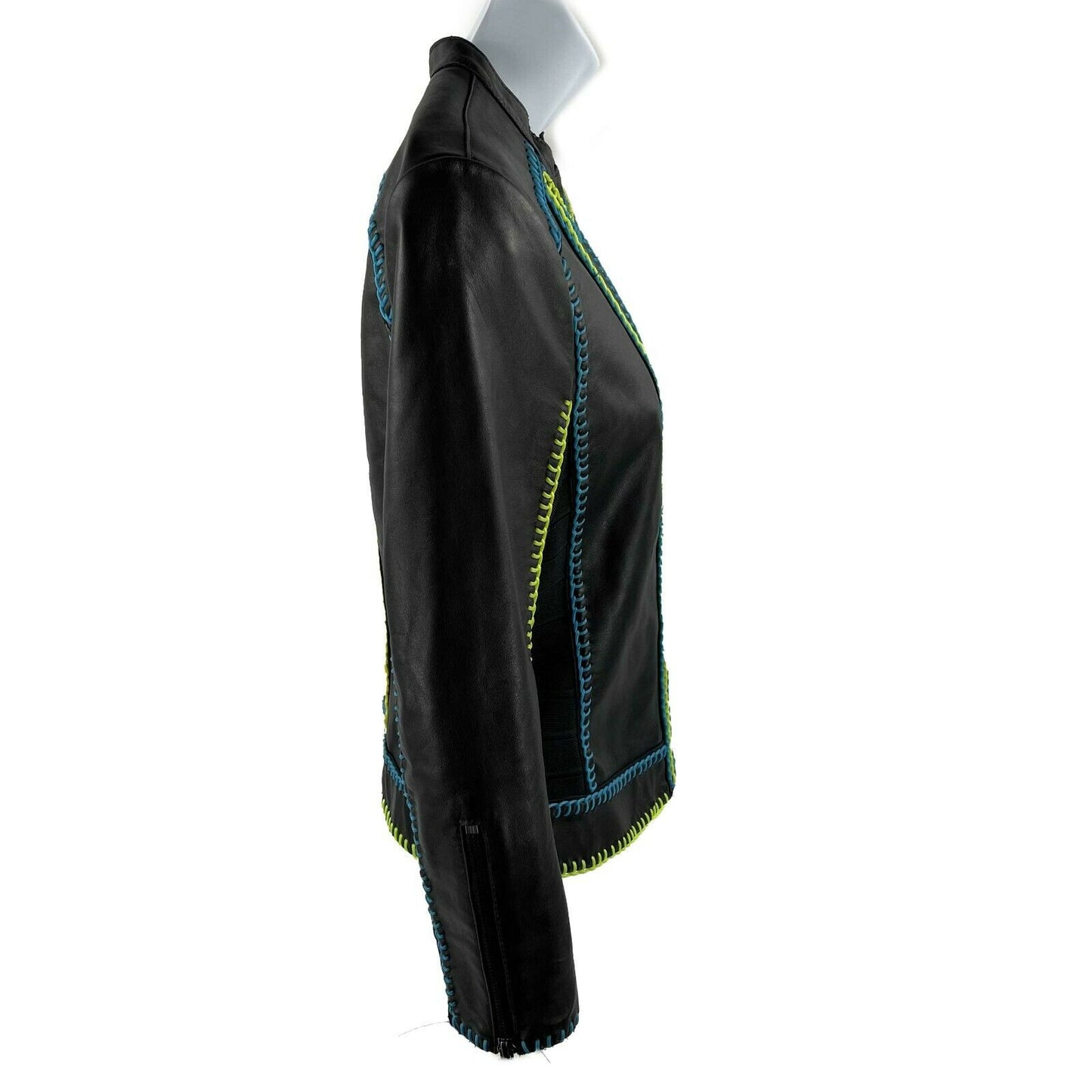 Herve Leger - Black Moto Biker Contrast Stitch Leather Jacket - Size Small S