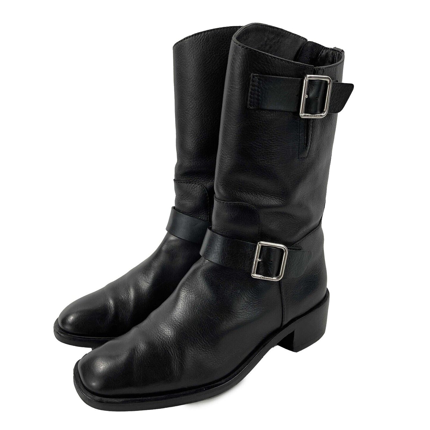 CHANEL - 14B CC Black Leather Buckle Moto Biker Boots - 38 US 8