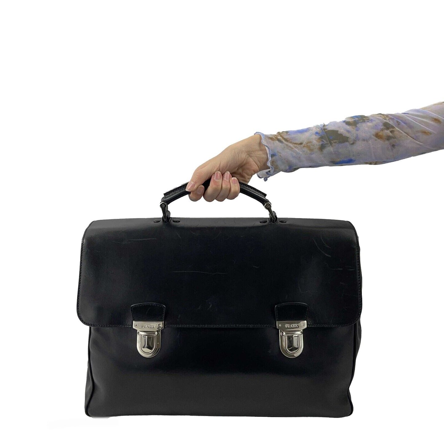 PRADA - Vitello Leather Double Buckle Briefcase - Black / Silver
