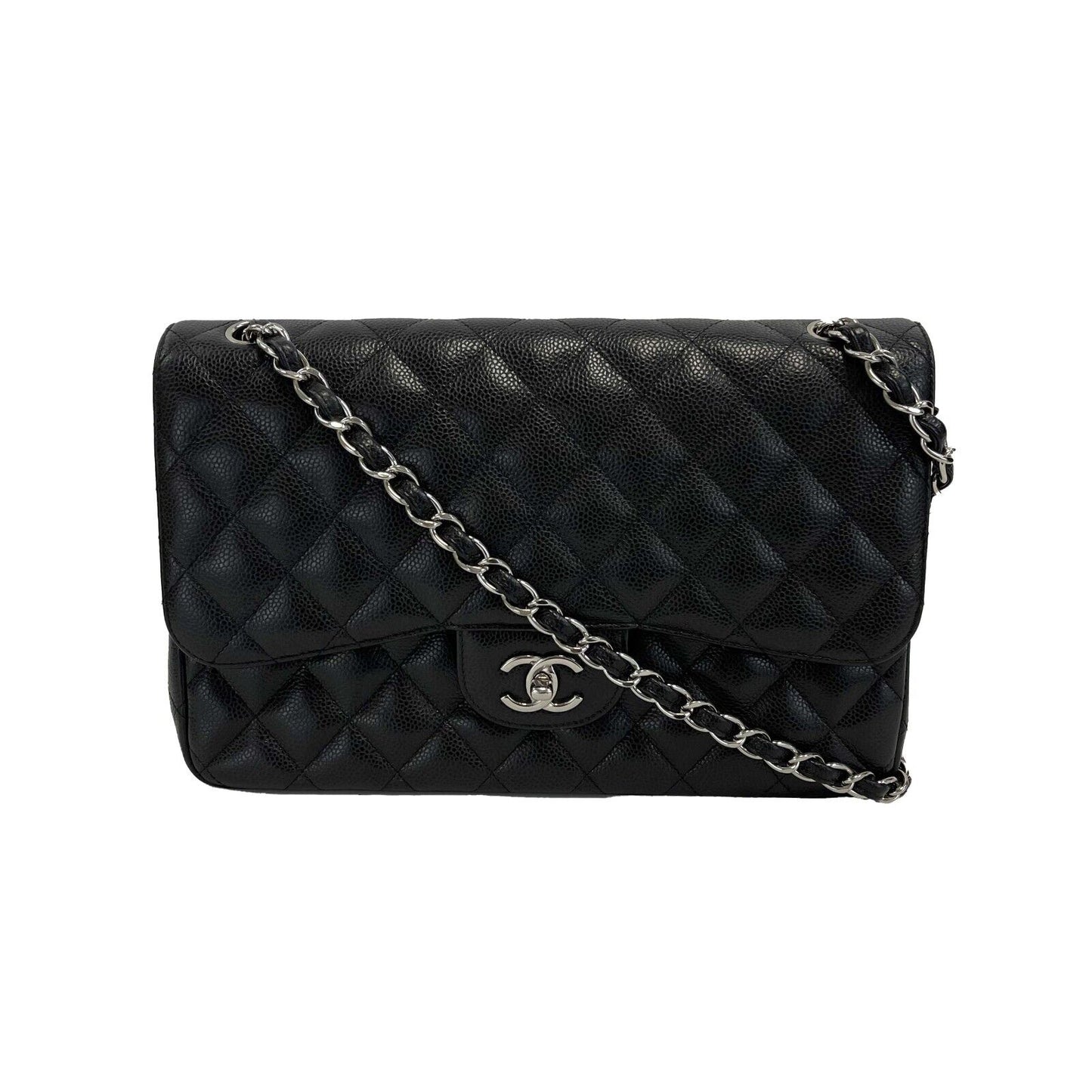CHANEL CC Caviar Leather Jumbo Classic Double Flap Black / Silver Shoulder Bag