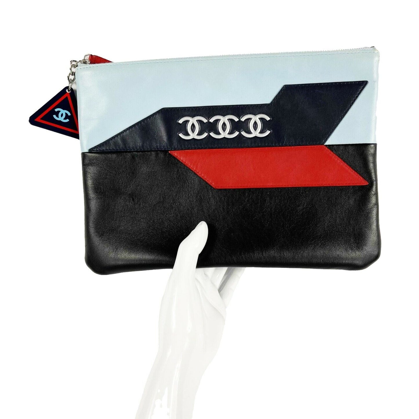 CHANEL - 16P Medium Airline Lambskin Leather Pouch /Clutch - Blue Red Black - CC