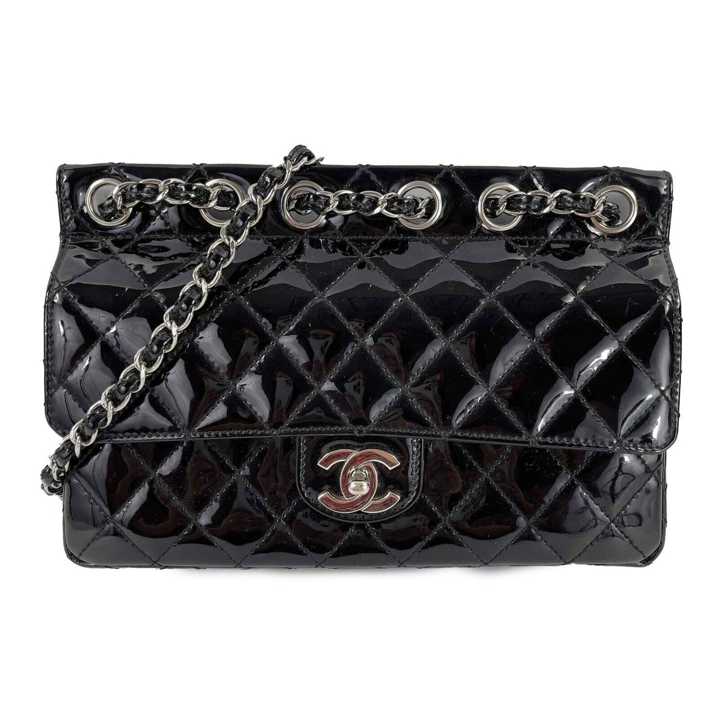 CHANEL 05 Patent Chain Through Flap Bag Quilted - Black / Silver-tone Crossbody