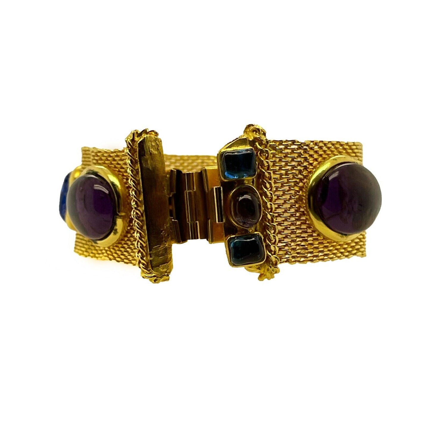 CHANEL - Vintage Mesh Gold Bracelet with Gripoix Multicolor Glass Stones