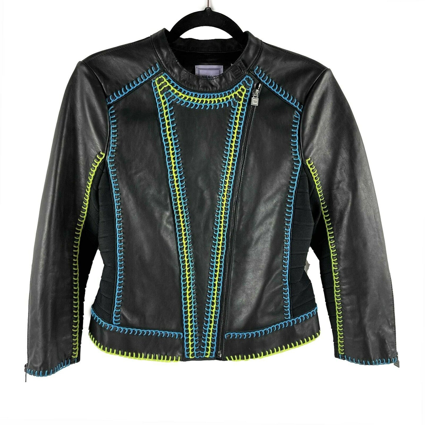 Herve Leger - Black Moto Biker Contrast Stitch Leather Jacket - Size Small S