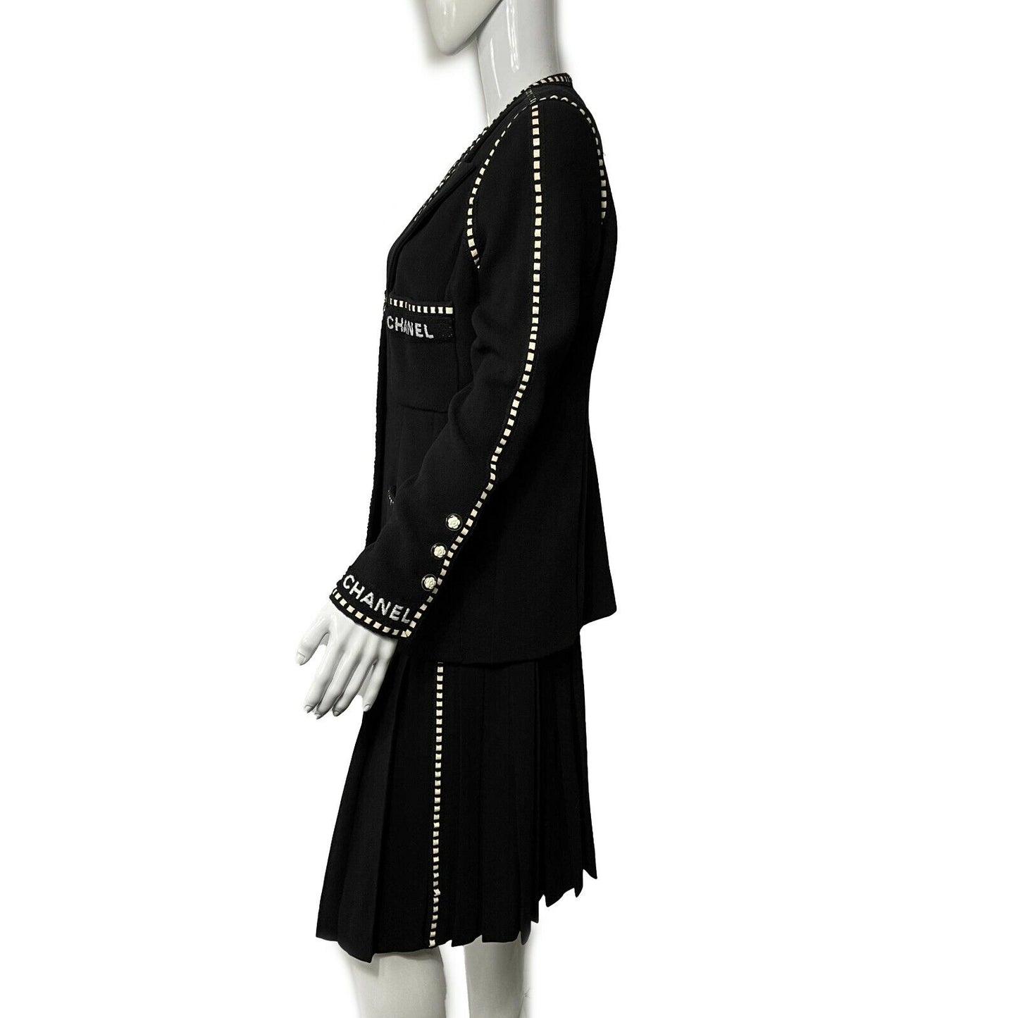CHANEL Logo Suit Vintage Rare Camellia Button and Trim Skirt Jacket