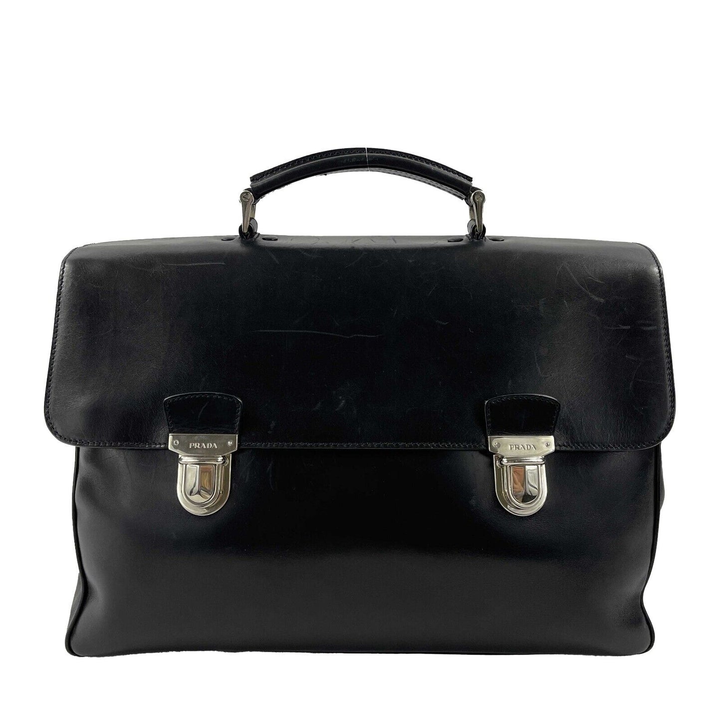 PRADA - Vitello Leather Double Buckle Briefcase - Black / Silver