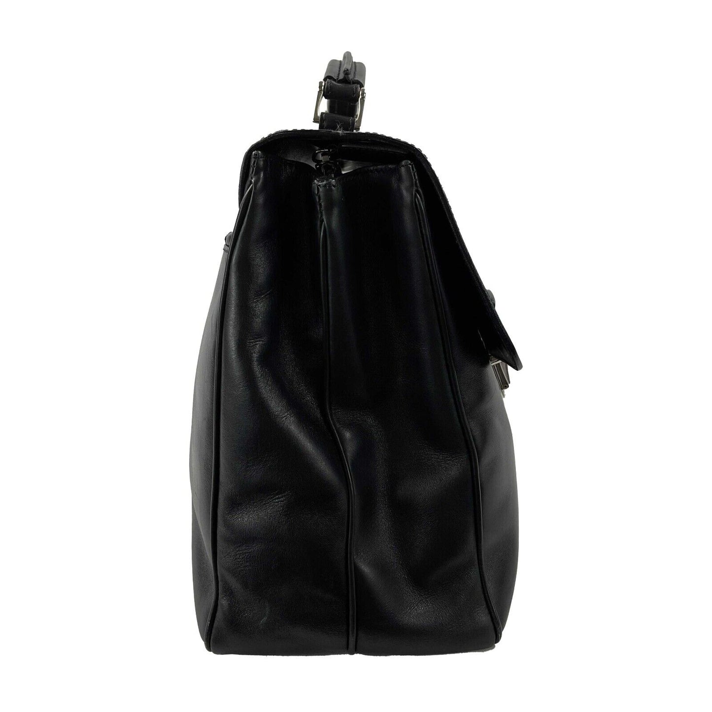 PRADA - Vitello Leather Double Buckle Briefcase - Black / Silver