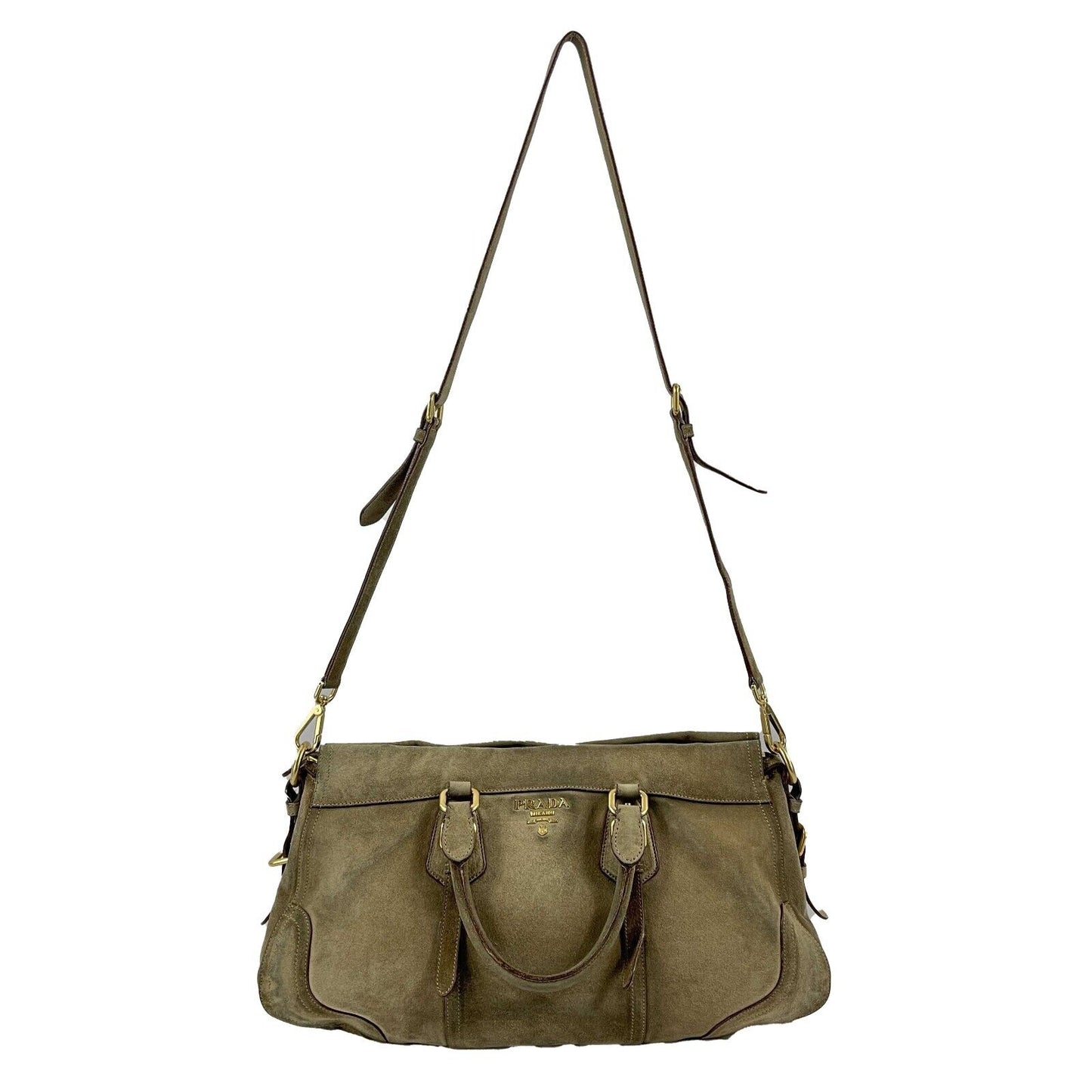 PRADA - Large Suede Buckle Bowling Bag - Camel Top Handle w/ Shoulder Strap