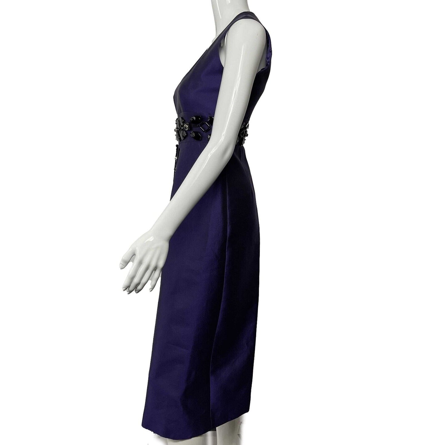 PRADA - Beaded Detail A-Line Purple Satin-like Sleeveless Midi Dress