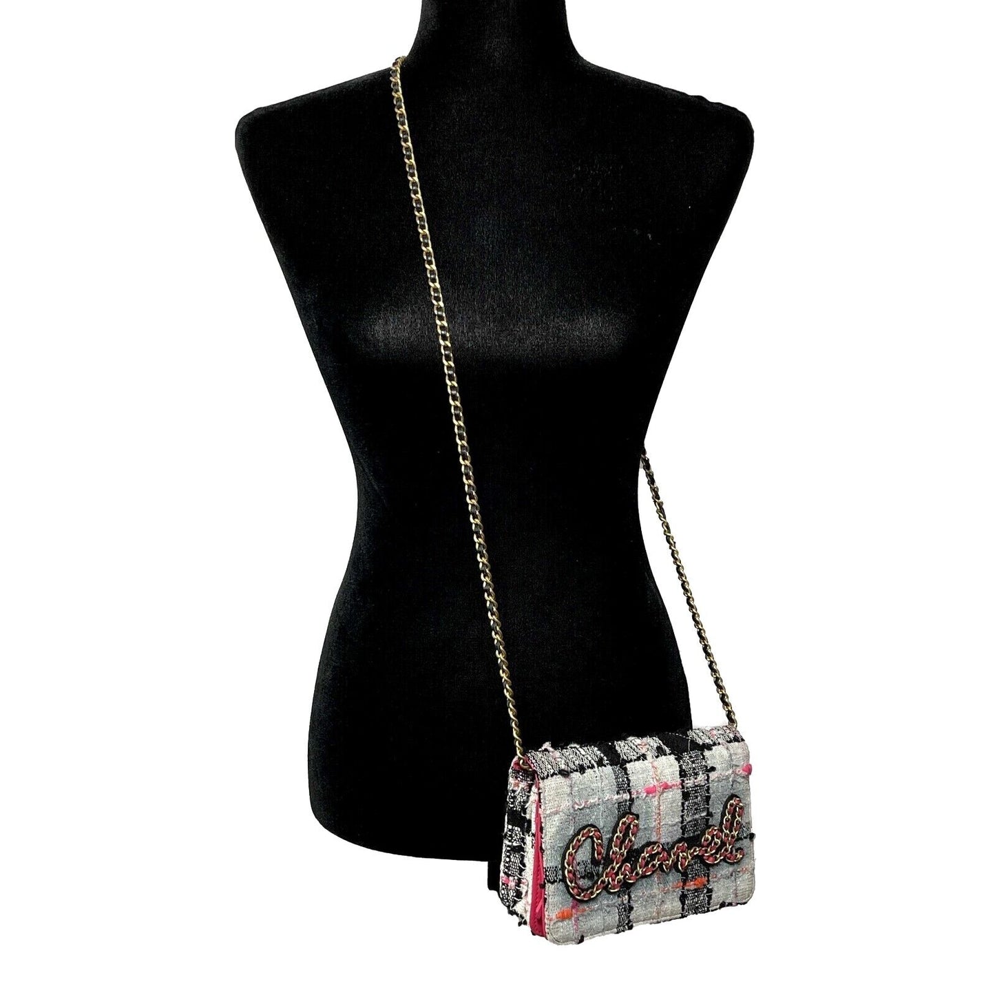 CHANEL - 2019 Tweed Pink / Orange / Gold 'Chanel' Wallet on Chain / Crossbody