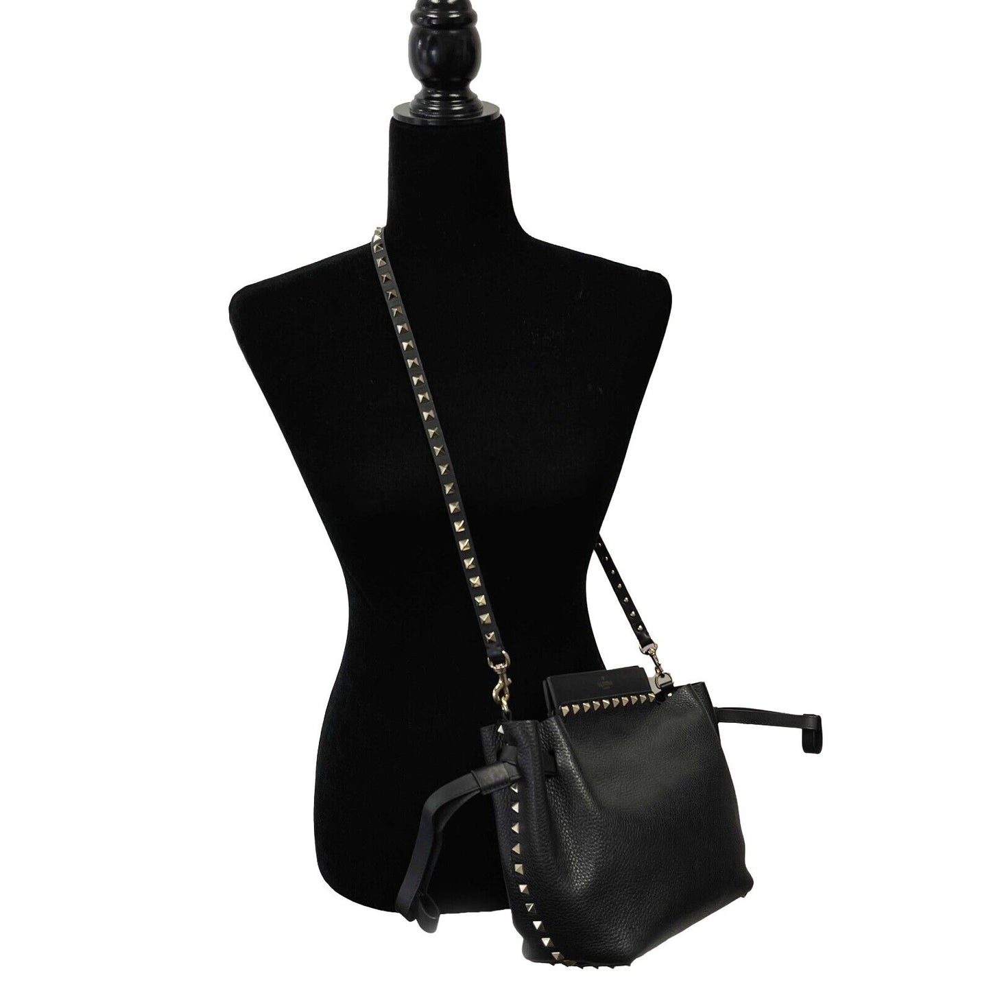 Valentino - Rockstud Drawstring Black Leather Shoulder Bag / Crossbody