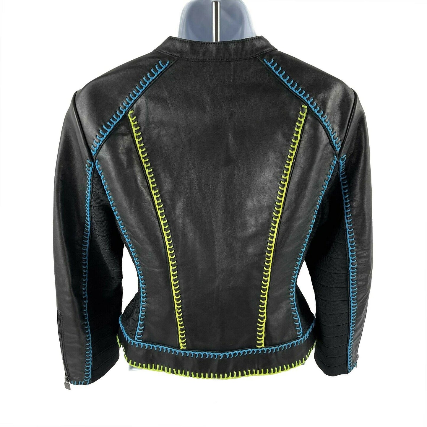 Herve Leger - Black Moto Biker Contrast Stitch Leather Jacket - Size Small S