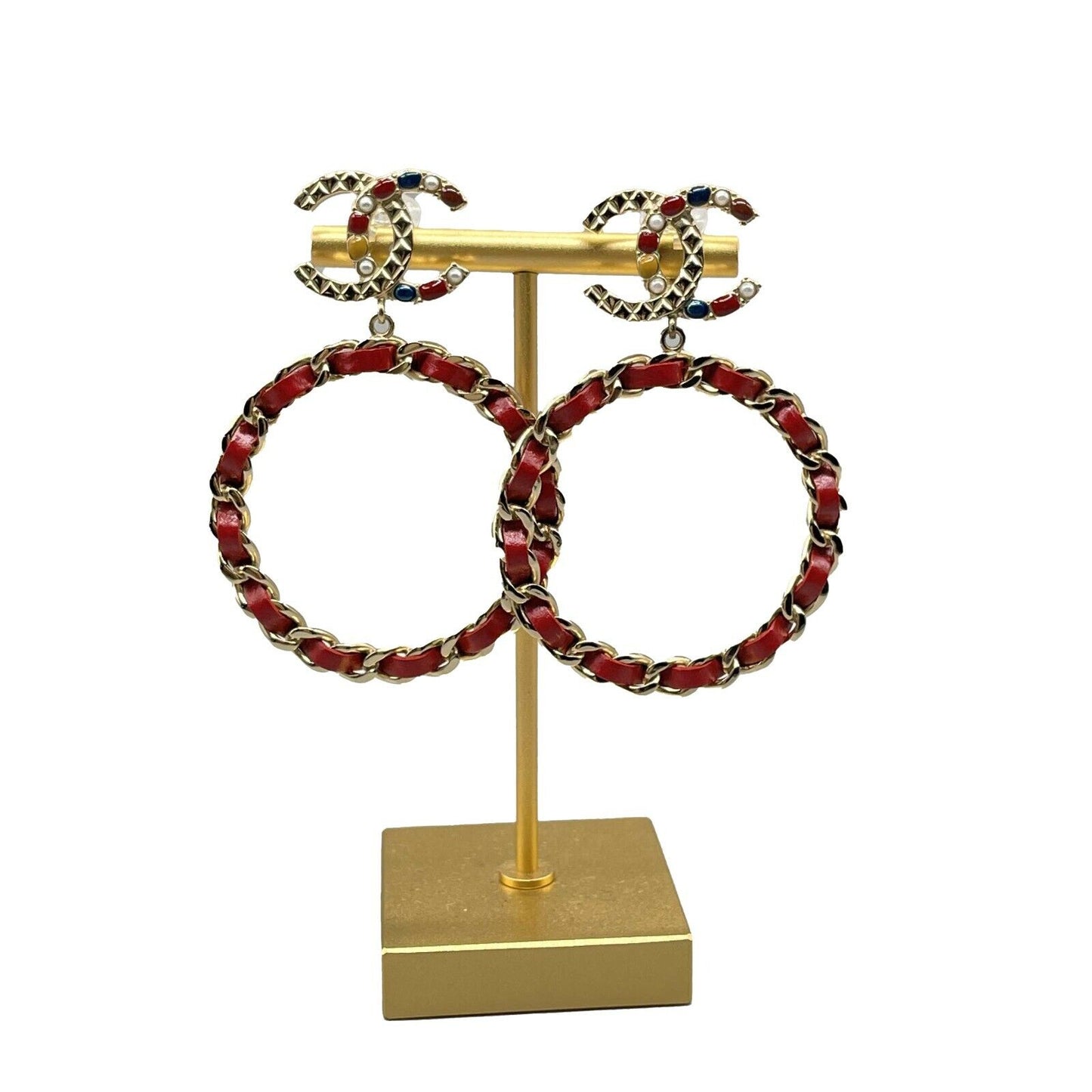CHANEL - 19K CC Chain Hoop Clip-On - Champagne Gold Quilted Red Earrings