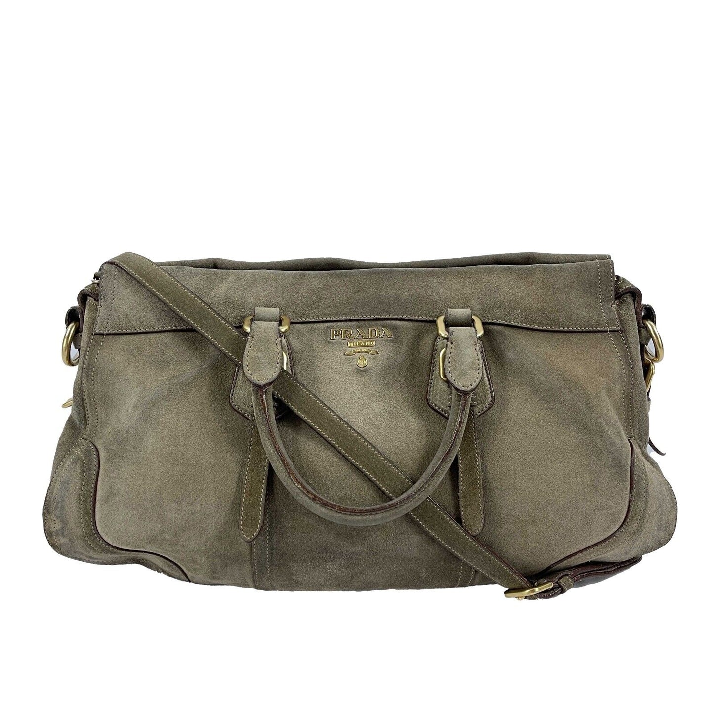 PRADA - Large Suede Buckle Bowling Bag - Camel Top Handle w/ Shoulder Strap