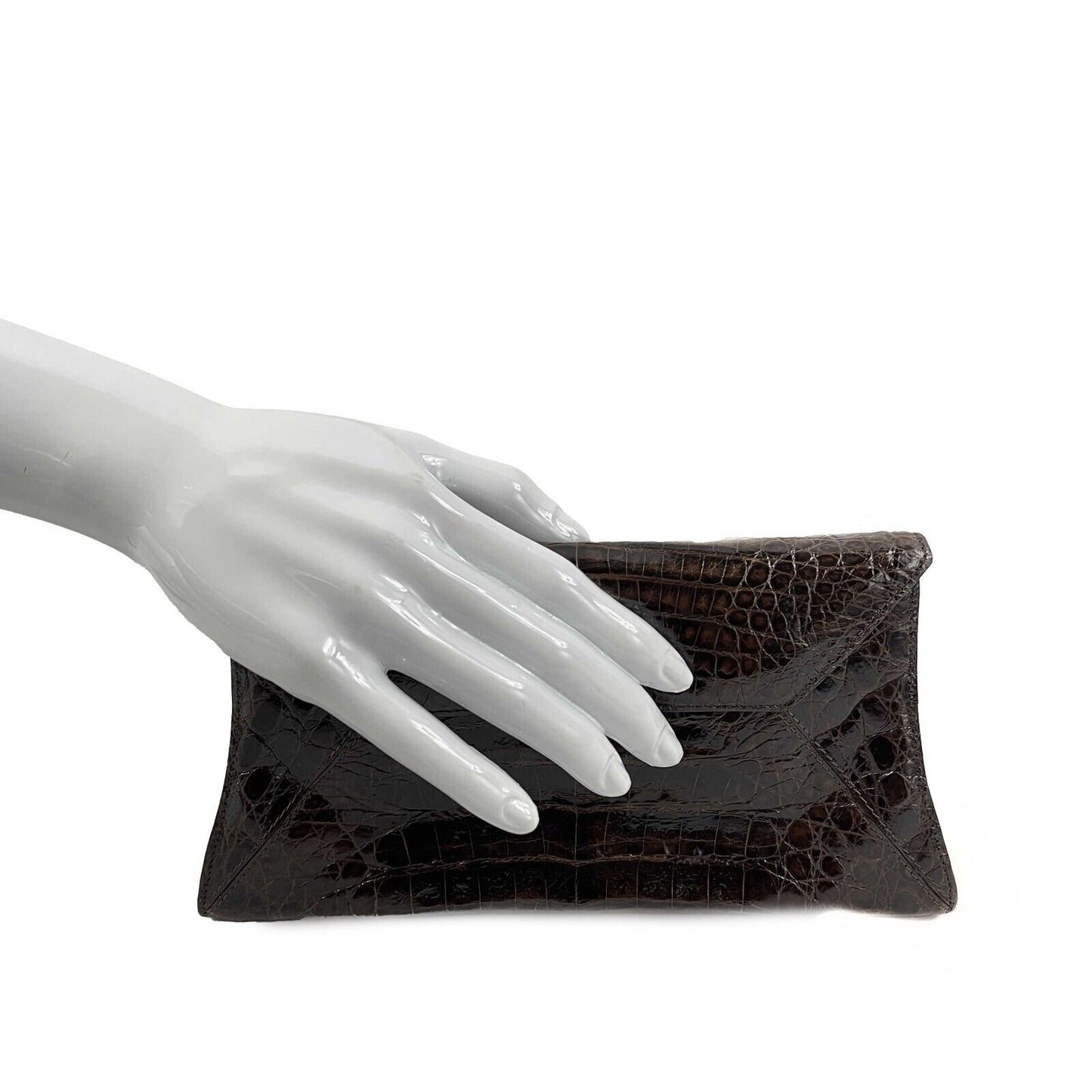 Nancy Gonzalez - Small Crocodile Trapezoid Brown Clutch Envelope Shoulder Bag