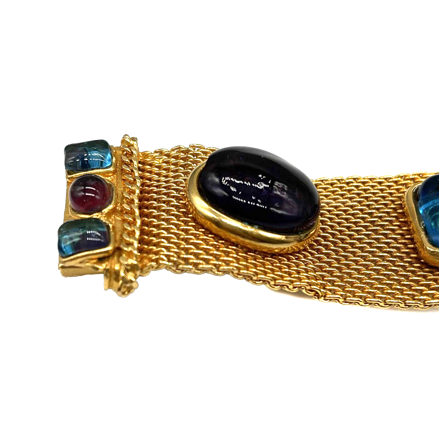 CHANEL - Vintage Mesh Gold Bracelet with Gripoix Multicolor Glass Stones