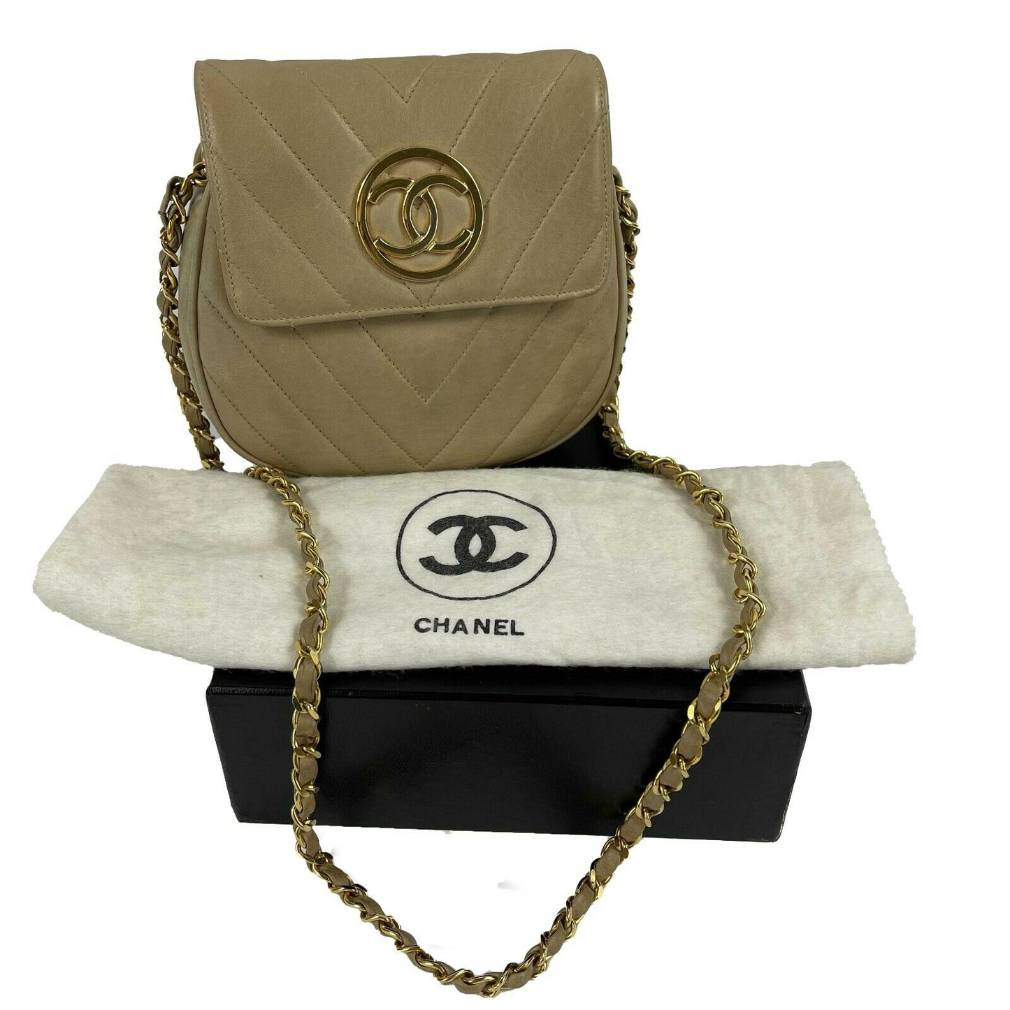 CHANEL - 90's Vintage Chevron Flap 24k - CC logo - Beige / Gold-tone Crossbody