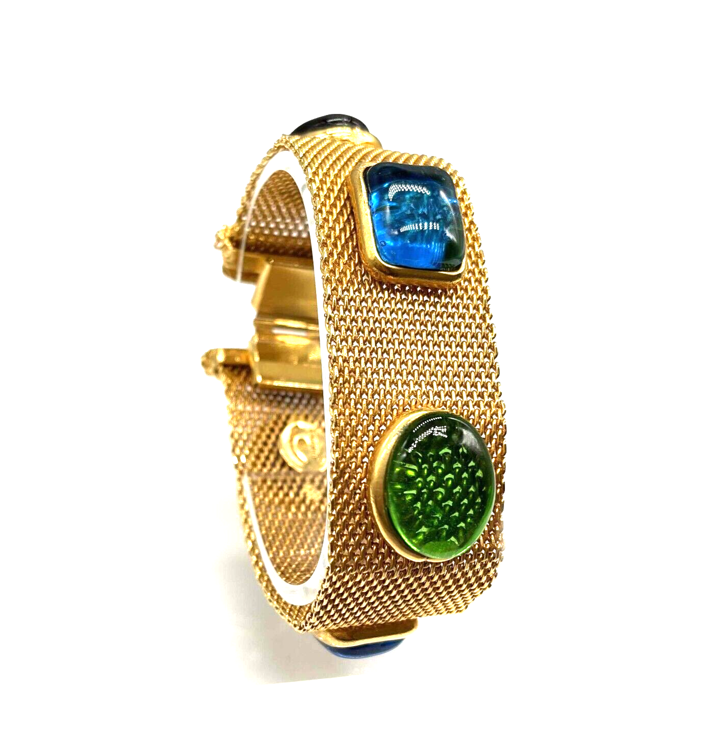 CHANEL - Vintage Mesh Gold Bracelet with Gripoix Multicolor Glass Stones