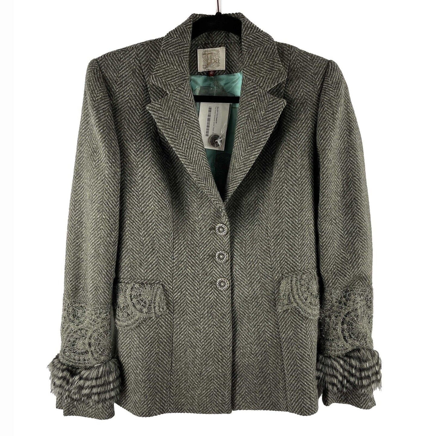 T.ba - New w/ Tags Tasmanian Tweed Lace Faux Fur Jacket - Grey / Brown - 40 US Medium