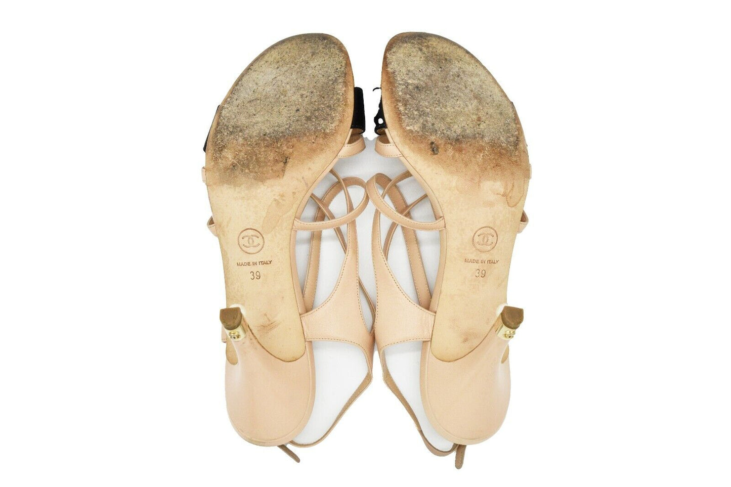 Chanel - Strappy Sandal Open Toe Heels - Satin Beige Black - CC Logo - US 8 - 39