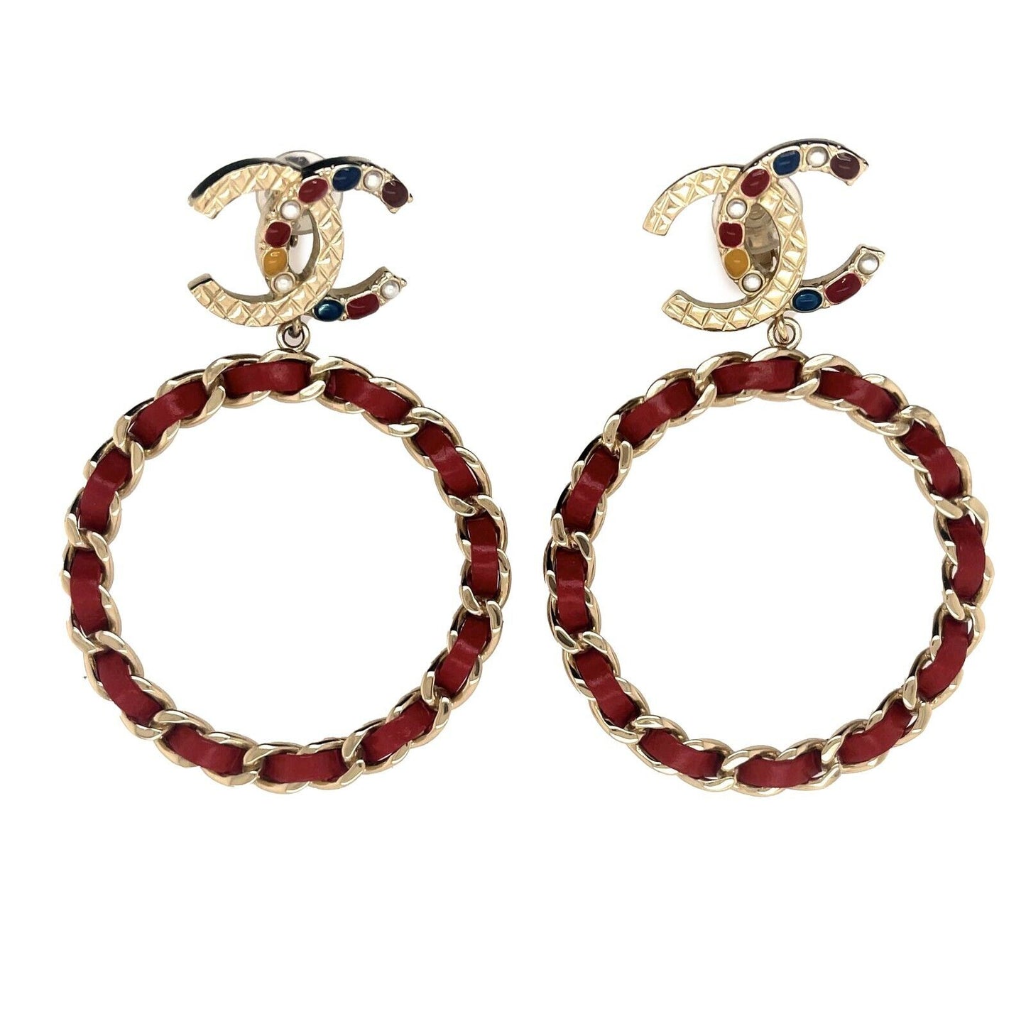 CHANEL - 19K CC Chain Hoop Clip-On - Champagne Gold Quilted Red Earrings
