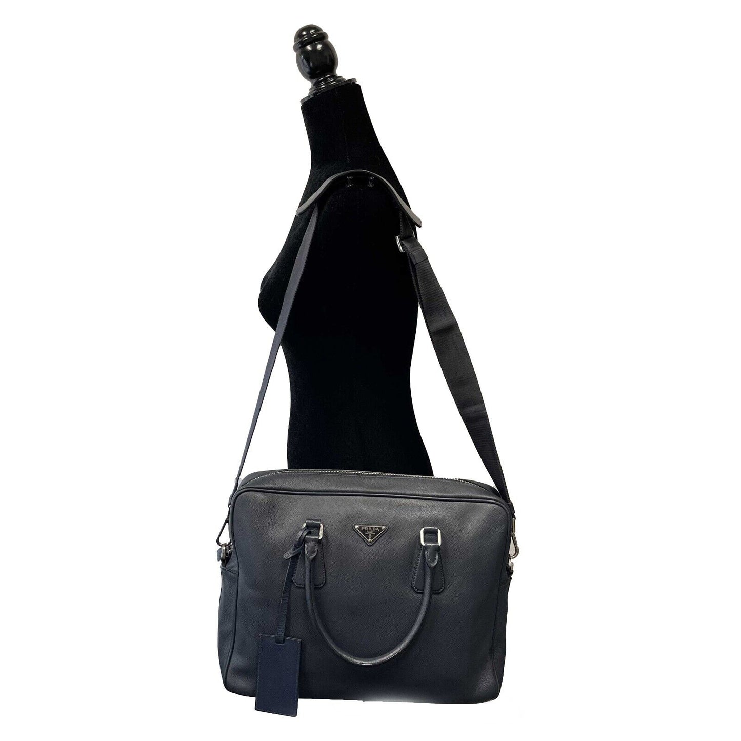 PRADA - Navy Saffiano Leather Bauletto Top Handle / Briefcase w/ Shoulder Strap