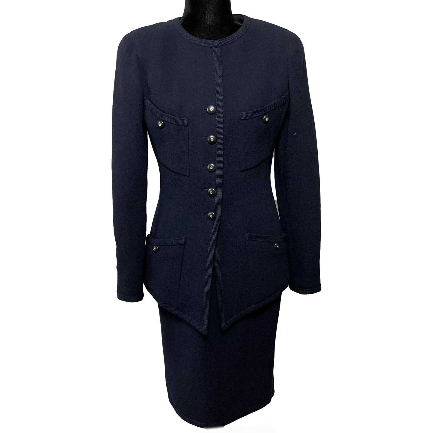 CHANEL - Vintage Navy Suit CC Buttons - Jacket / Skirt Set 40 US 8