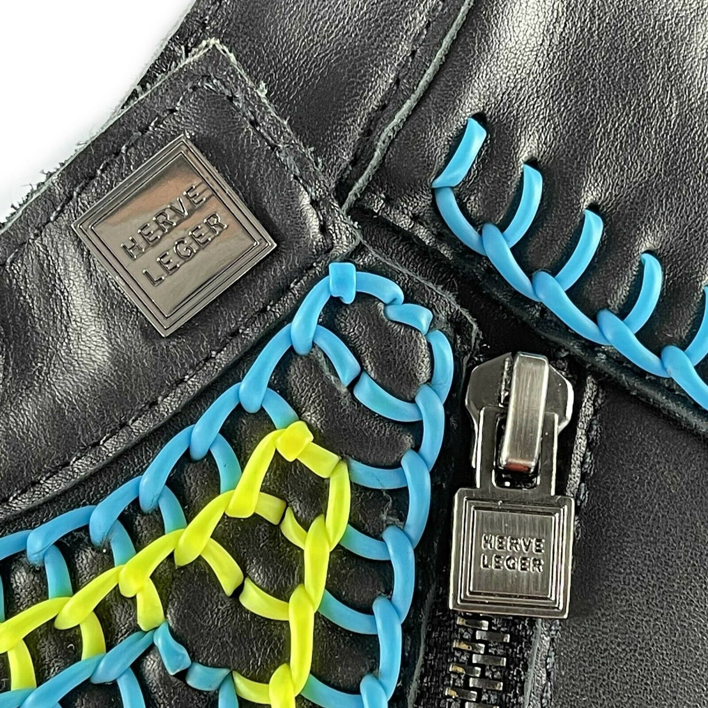 Herve Leger - Black Moto Biker Contrast Stitch Leather Jacket - Size Small S