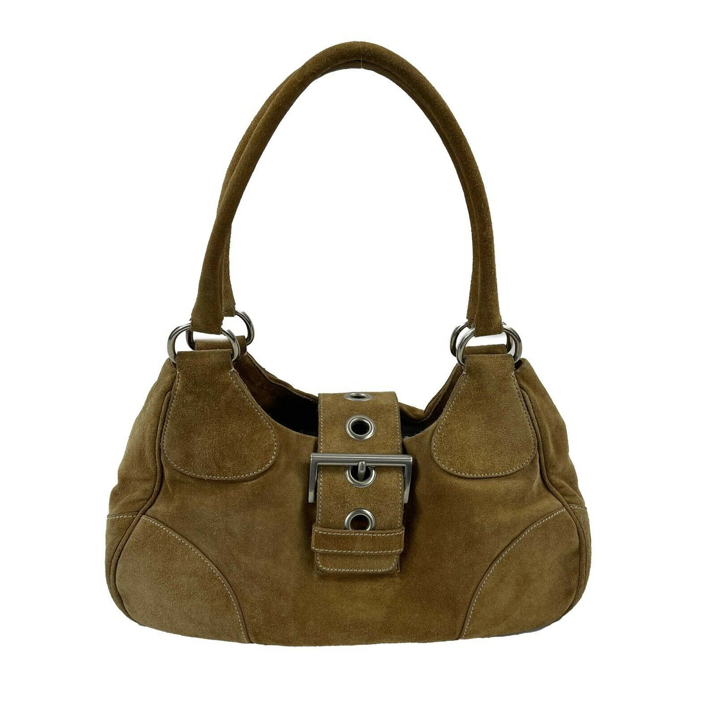 Prada - Large Camel / Silver Suede Belt Shoulder Bag / Buckle Closure