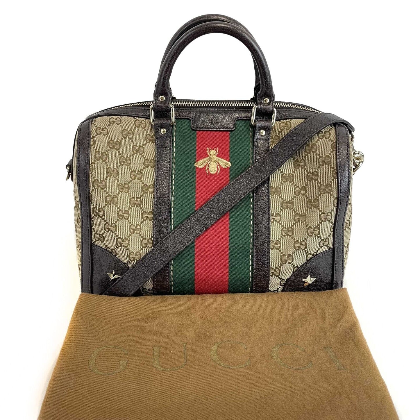 Gucci - Vintage Bee Web Boston Bag GG Canvas Medium Top Handle w/ Shoulder Strap