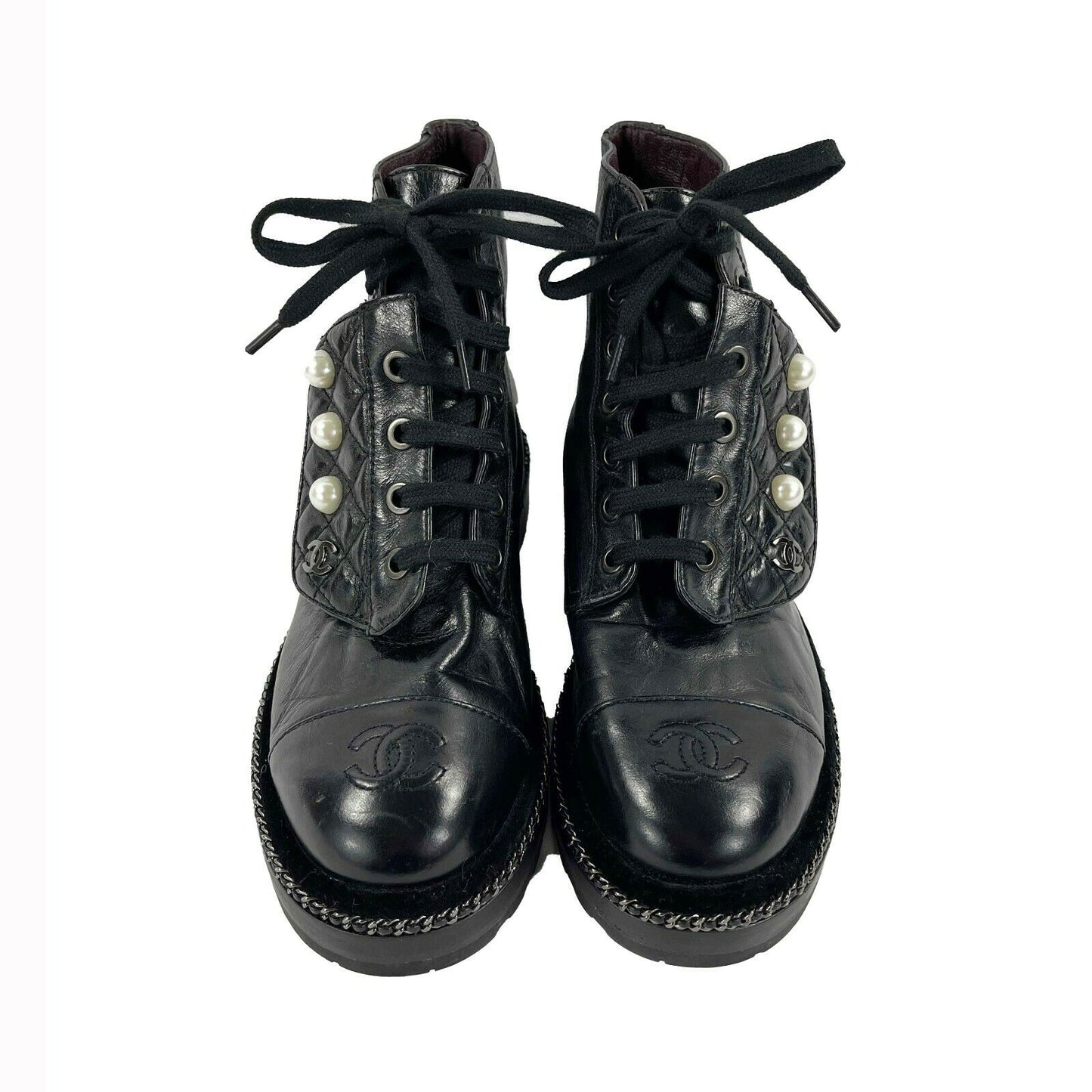 CHANEL Black Leather Combat Boots with Trim and Faux Pearl CC Details - SZ 36- 6