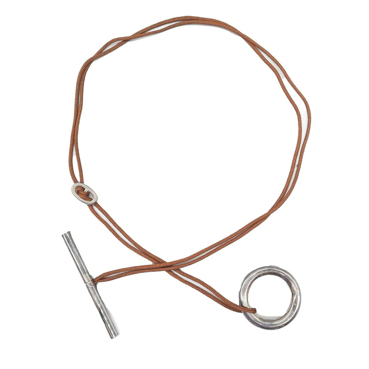 Hermes - Brown Rope Necklace - Skipper Double Wrap - Circle Bar - Silver