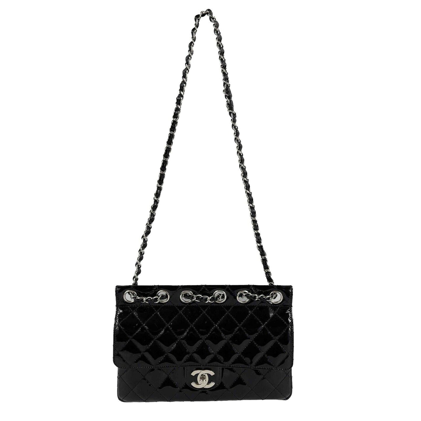 CHANEL 05 Patent Chain Through Flap Bag Quilted - Black / Silver-tone Crossbody