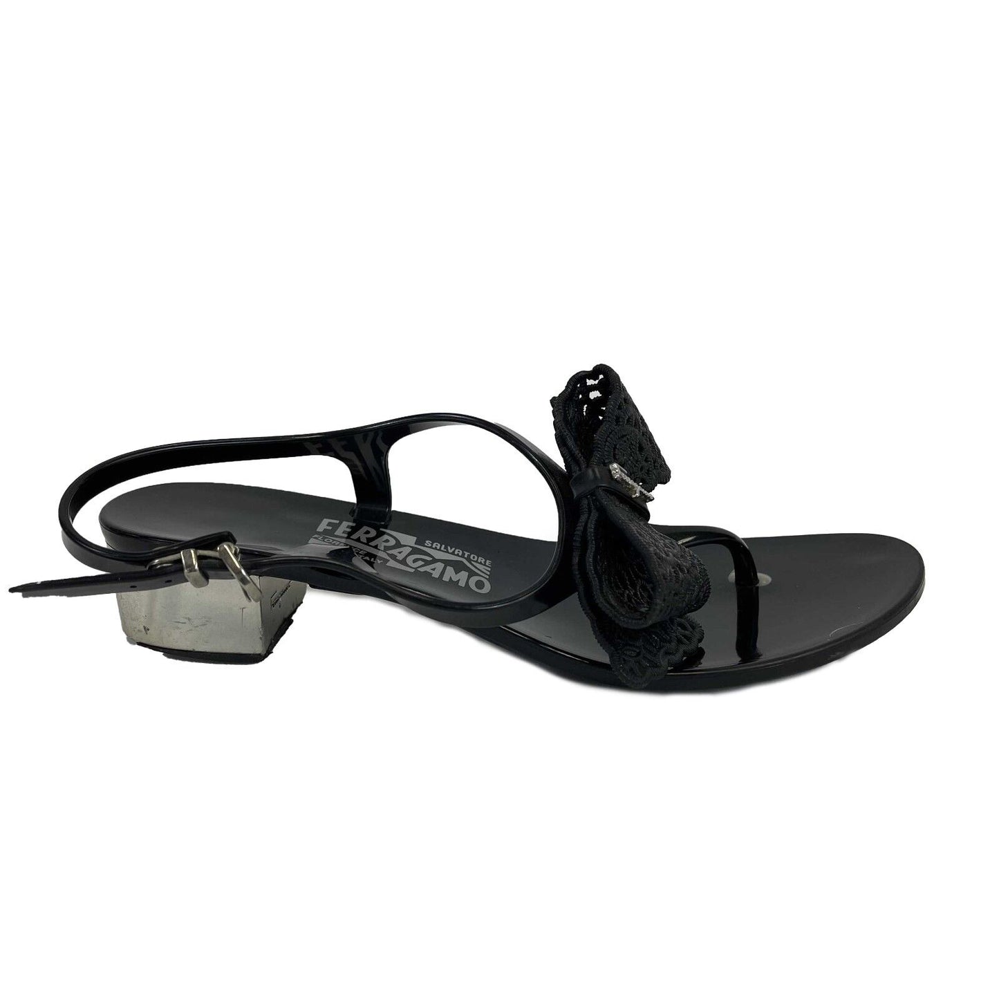 Salvatore Ferragamo - Rubber Strap Black Bow Block Heel Sandals - Size US 6