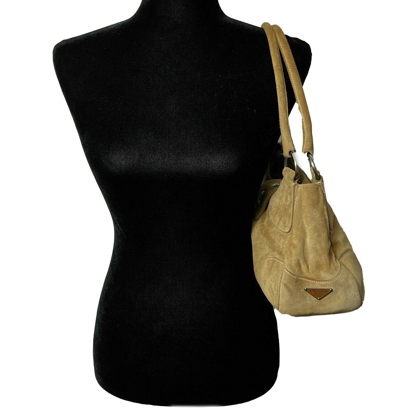 Prada - Large Camel / Silver Suede Belt Shoulder Bag / Buckle Closure