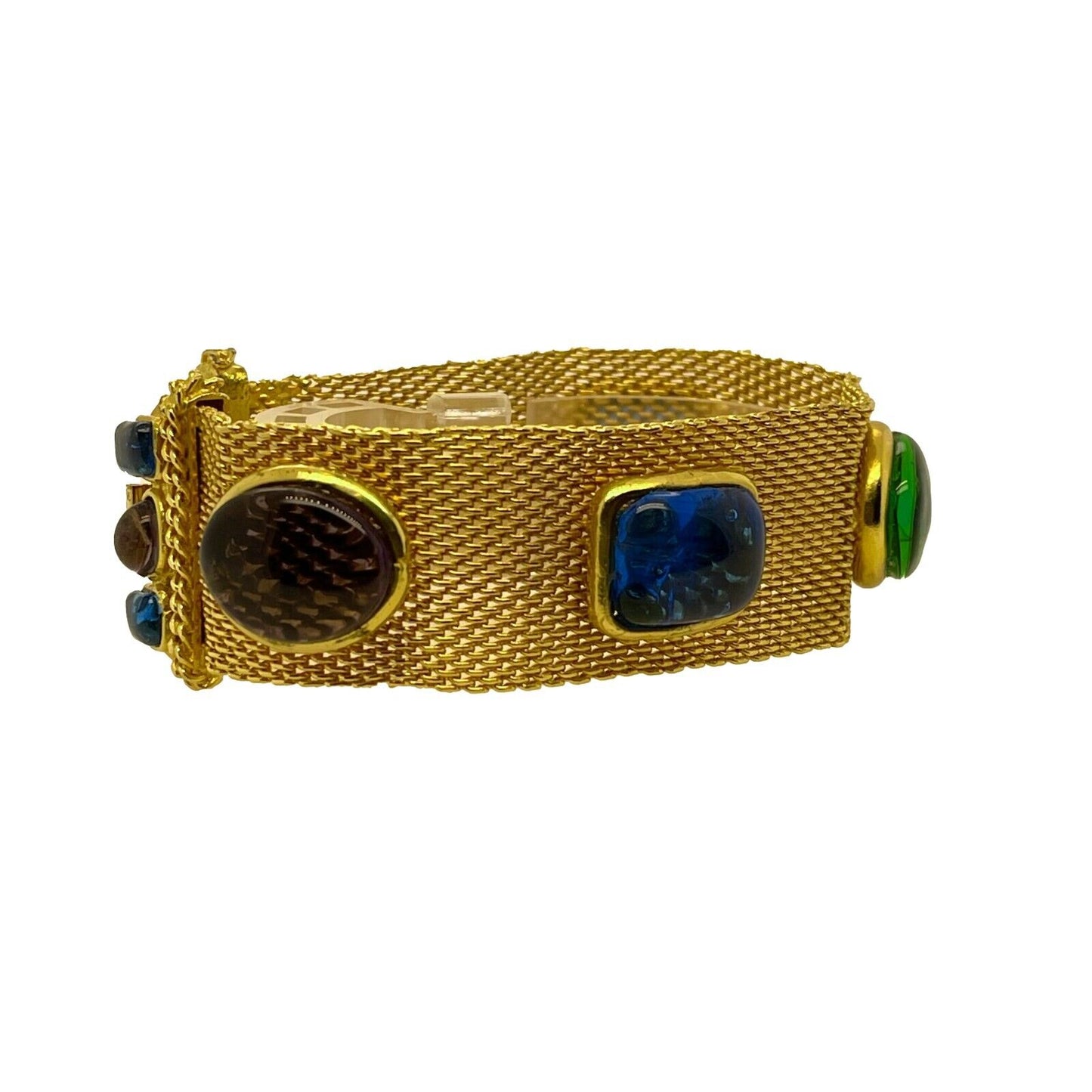 CHANEL - Vintage Mesh Gold Bracelet with Gripoix Multicolor Glass Stones