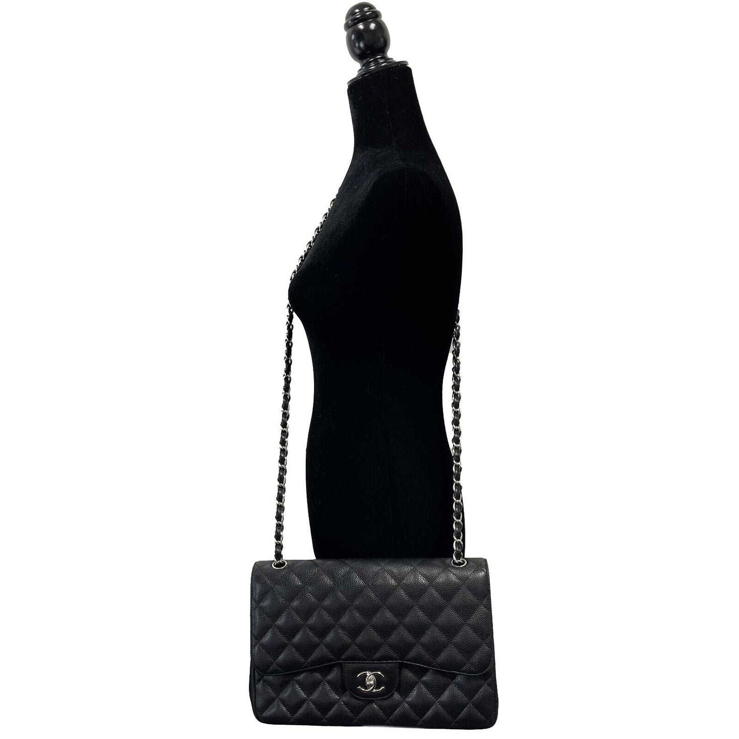 CHANEL CC Caviar Leather Jumbo Classic Double Flap Black / Silver Shoulder Bag