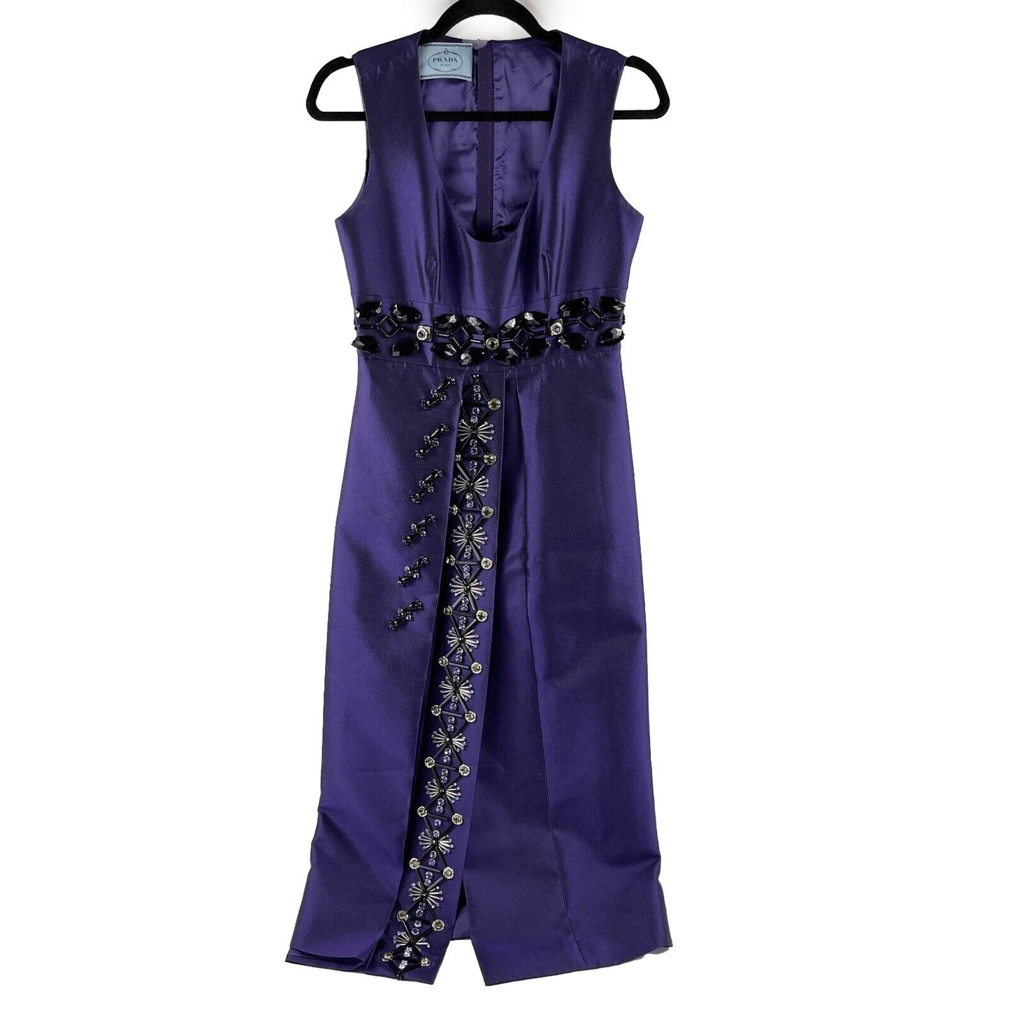 PRADA - Beaded Detail A-Line Purple Satin-like Sleeveless Midi Dress