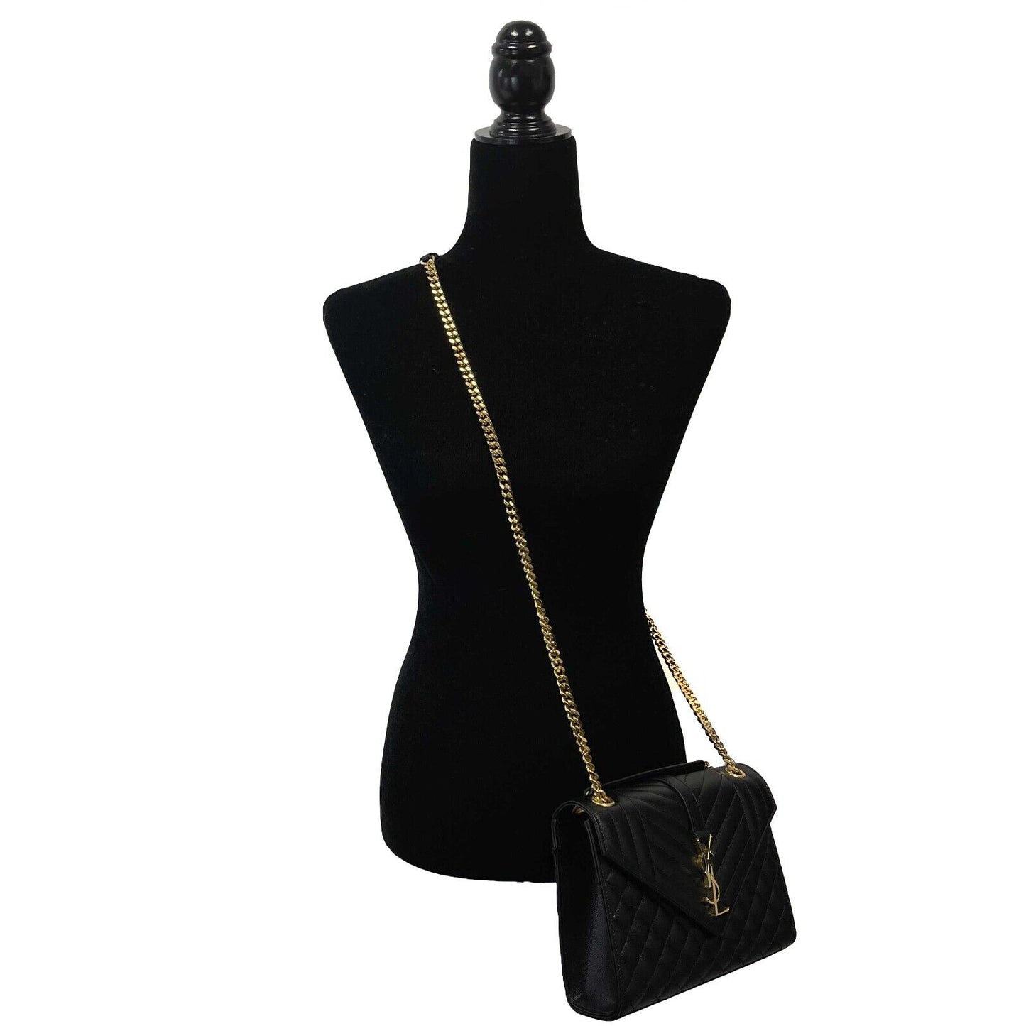 Saint Laurent Black Medium Triquilt Envelope Chain Grain de Poudre Shoulder Bag