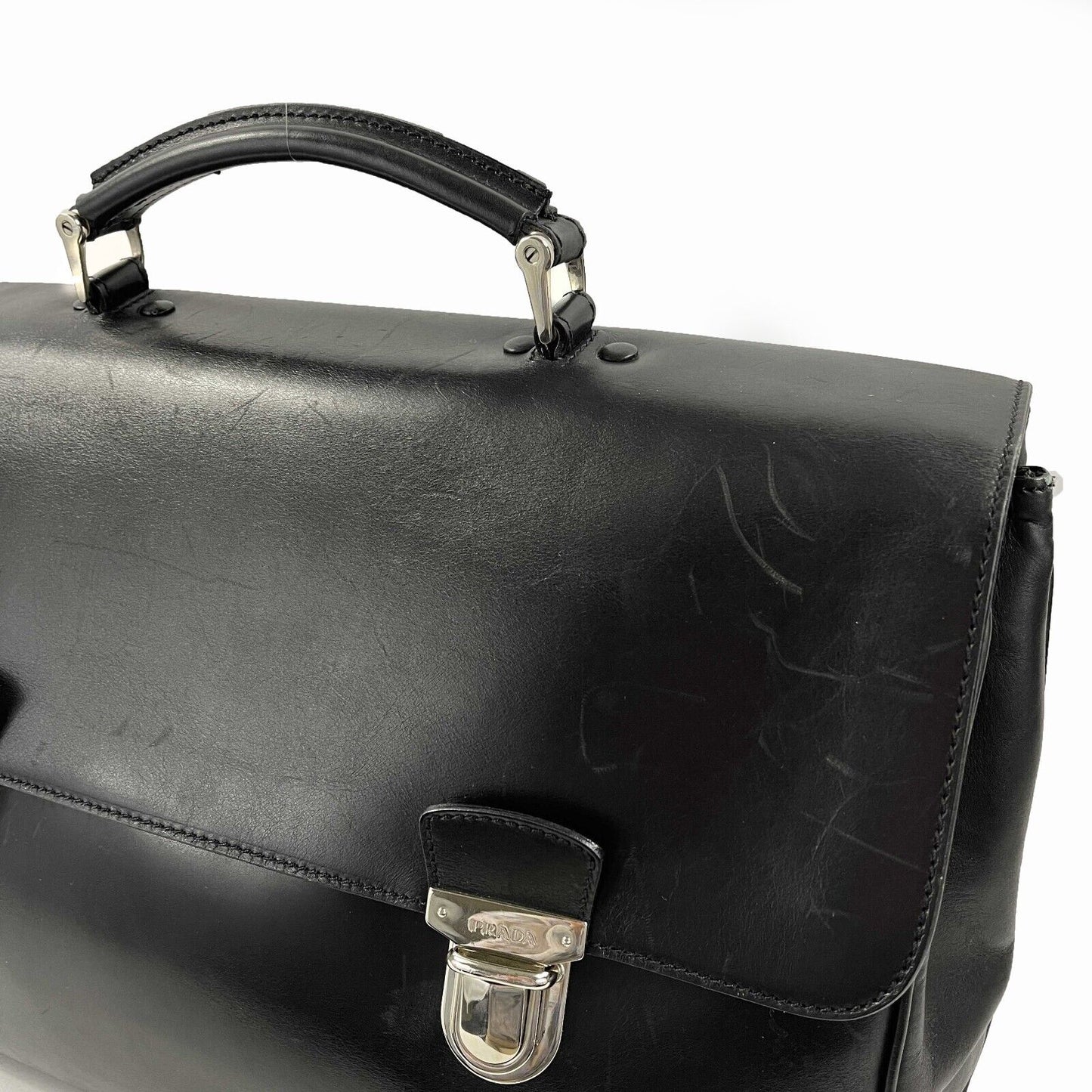 PRADA - Vitello Leather Double Buckle Briefcase - Black / Silver