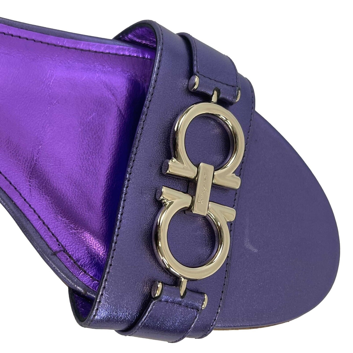 Salvatore Ferragamo - Como Gancini Metallic Purple Leather Sandals - Size 8