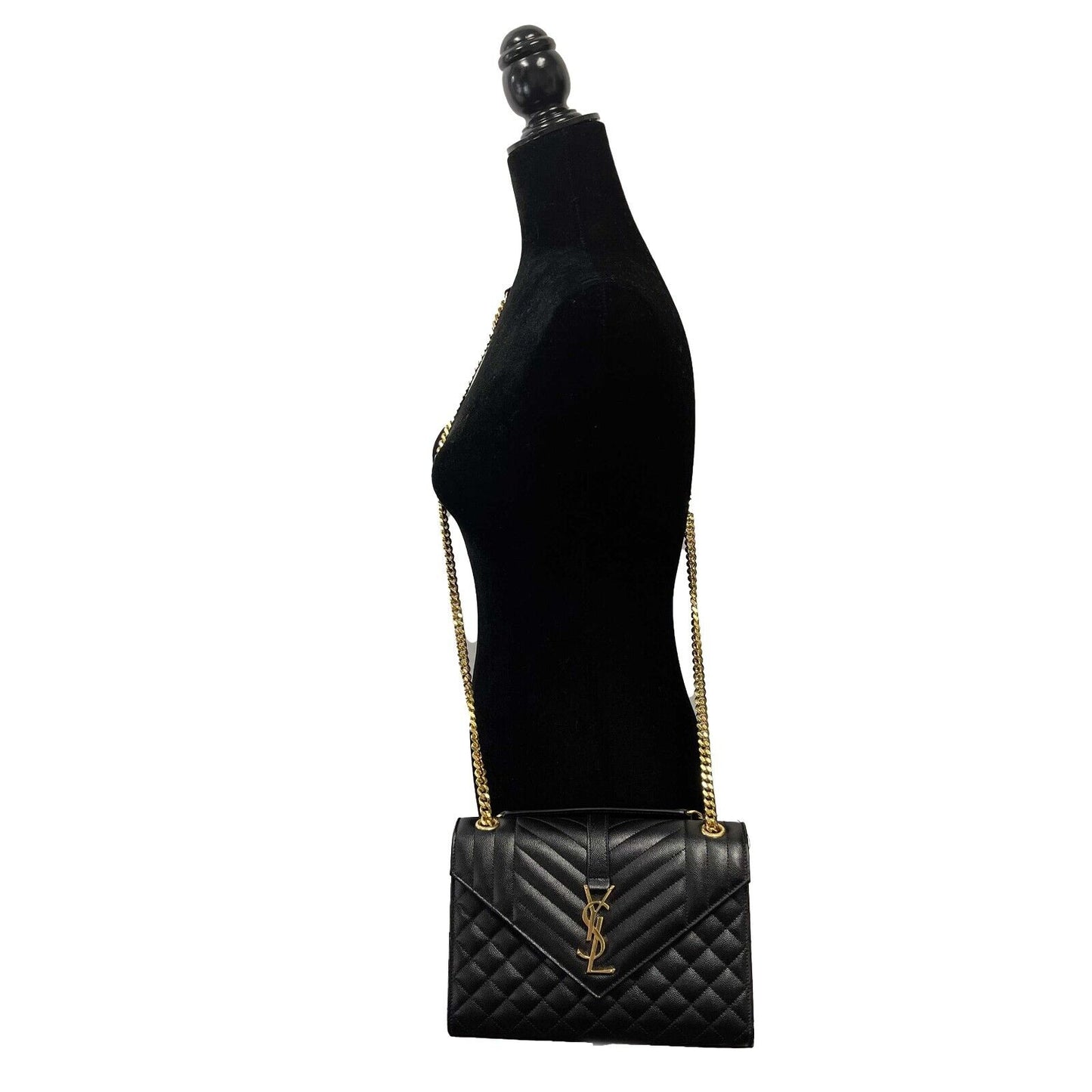 Saint Laurent Black Medium Triquilt Envelope Chain Grain de Poudre Shoulder Bag