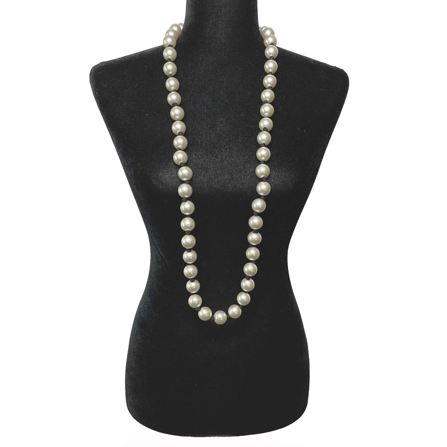 CHANEL - 2016 Jumbo Pearl CC Necklace - Long White / Black / Champaign Gold