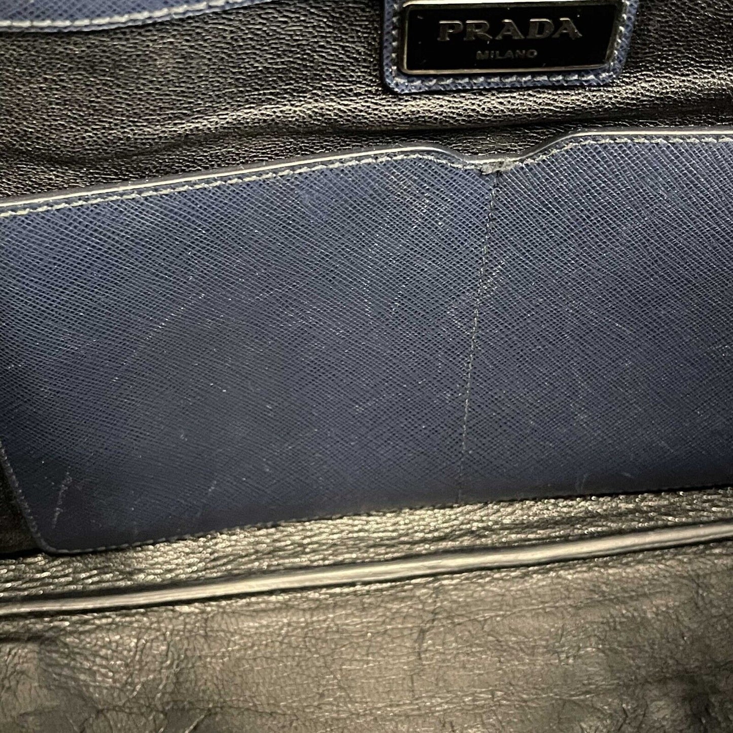 PRADA - Navy Saffiano Leather Bauletto Top Handle / Briefcase w/ Shoulder Strap
